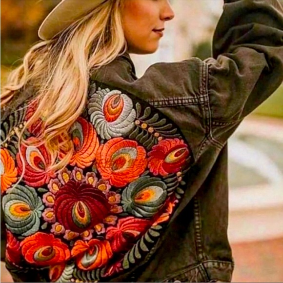 Distressed Hand Embroidered Jean Jacket Color Black floral Print New - Picture 3 of 10